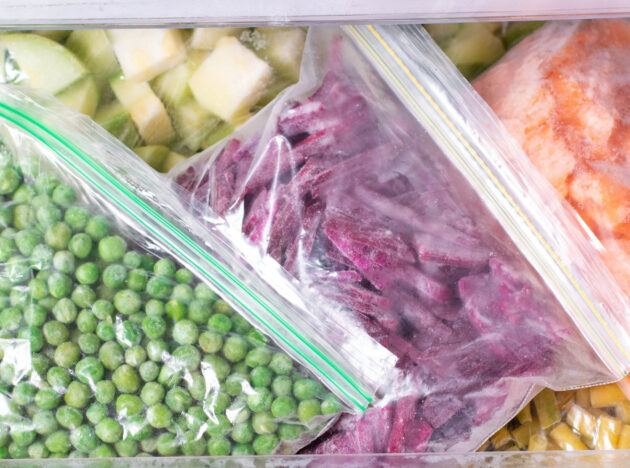 Frozen peas, frozen beetroot and frozen bananas all in snaplock bags