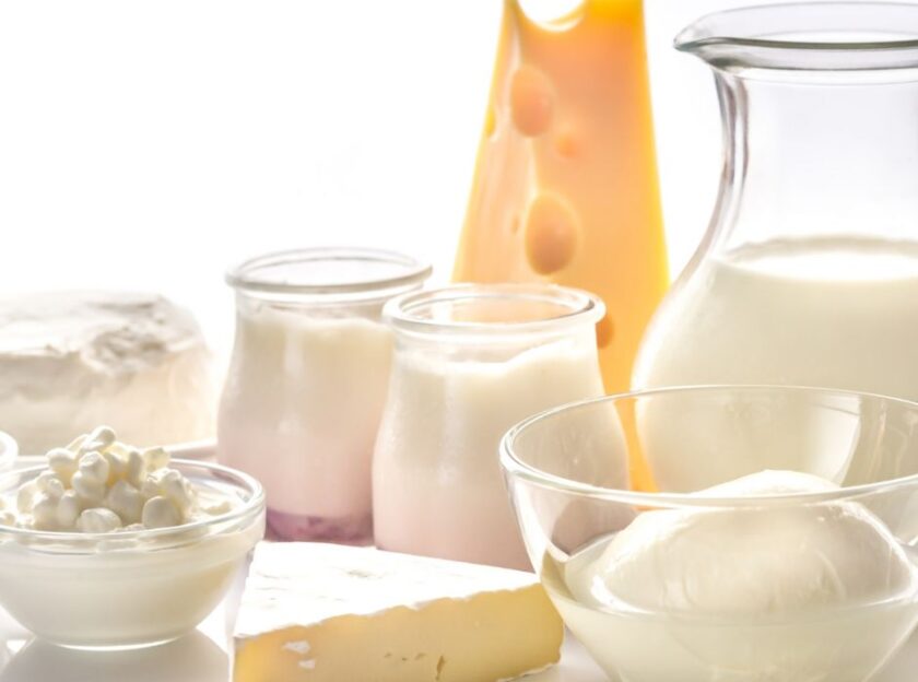 Containers of different types of cheese and milk