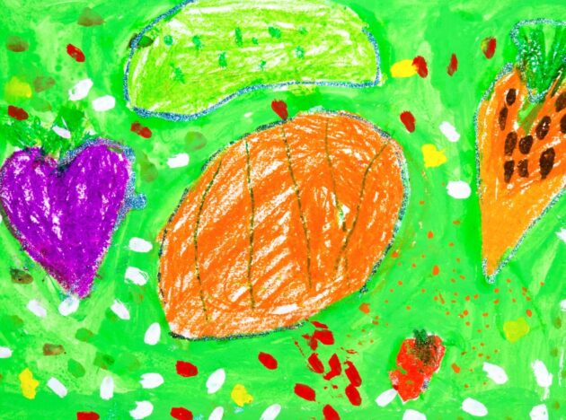 Childs drawing of vegetables and hearts