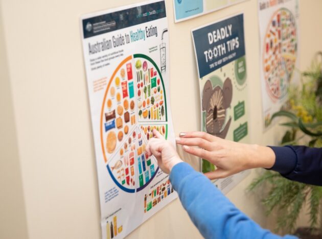 Fingers pointing to an Australian Guide to Healthy Eating poster