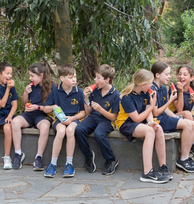 School children eating watermelon