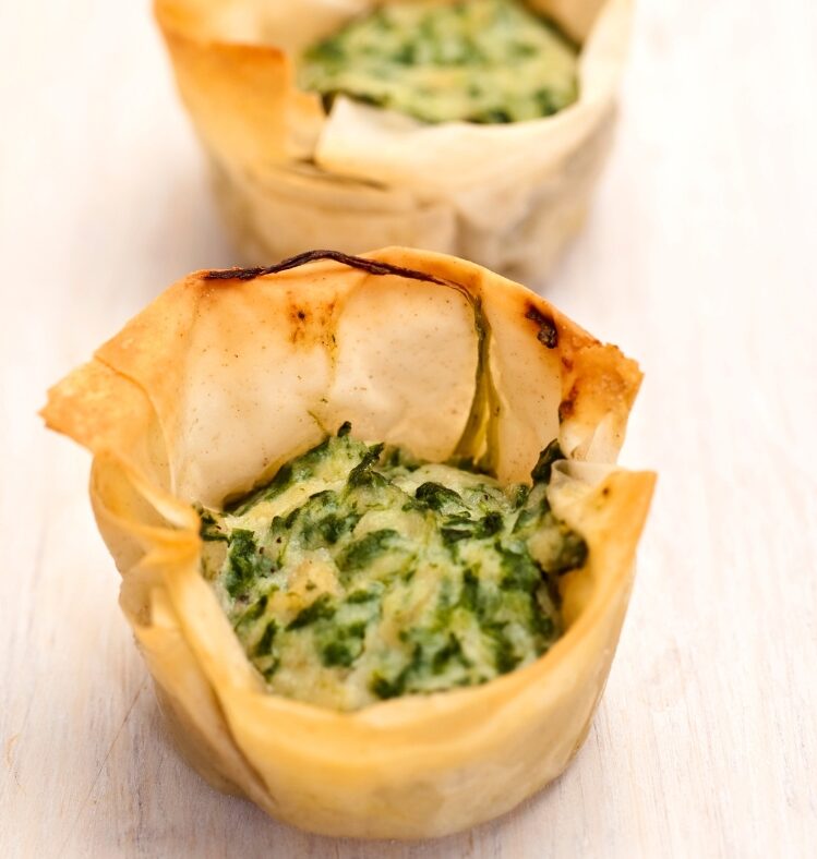 two egg and spinach filo tarts