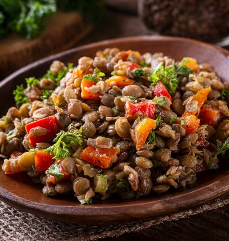 Lamb and lentil salad on a plate