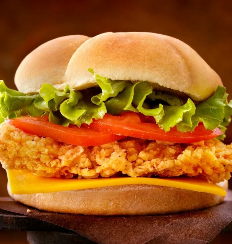 a chicken schnitzel burger with cheese, tomato and lettuce