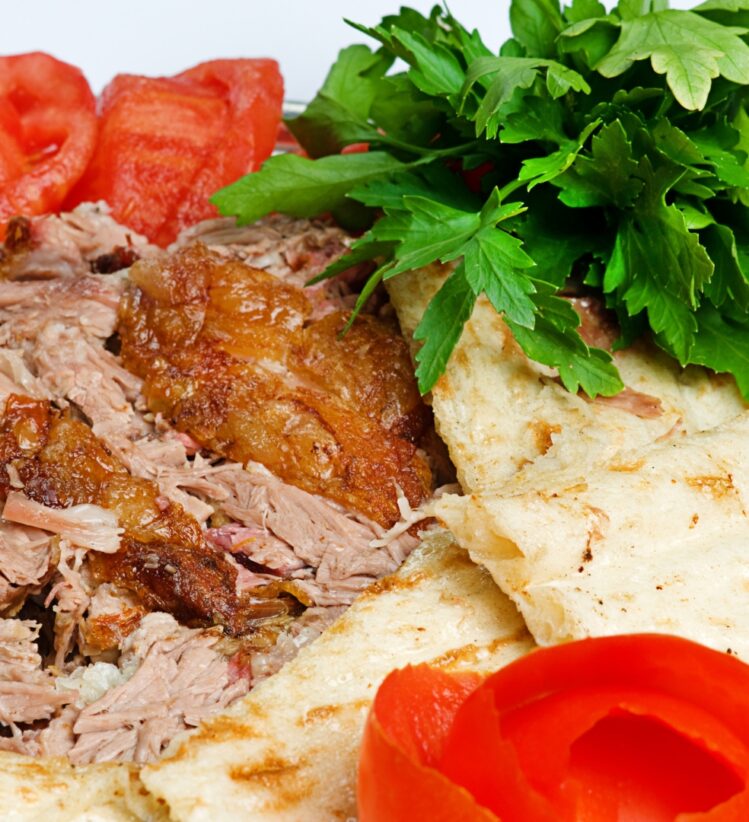 Pulled tandoori lamb and Turkish bread