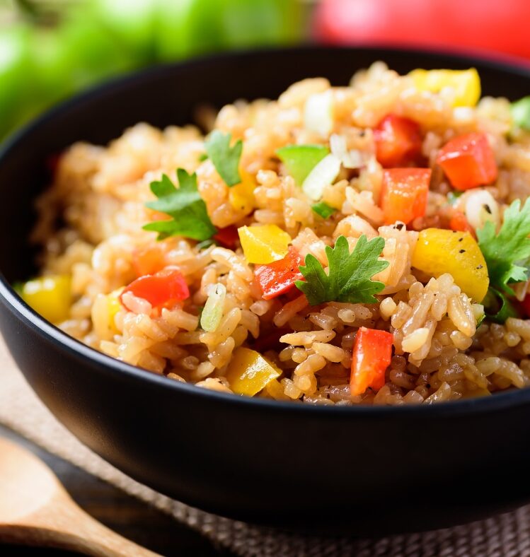 Bowl of fried rice with assorted vegetables in the background