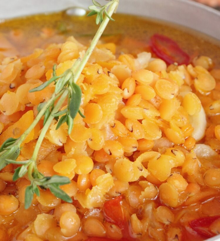 Pumpkin, carrot, lentil and ginger soup