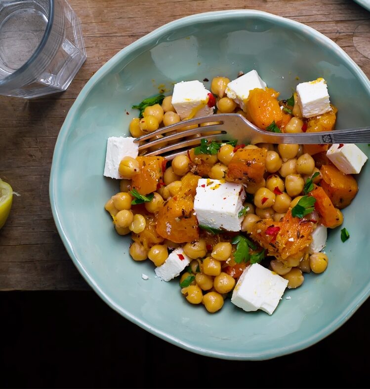 Bowl of roast pumpkin, chickpea and feta salad