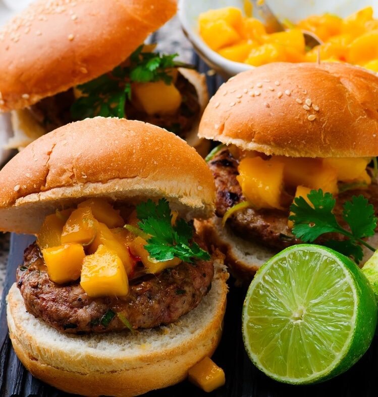 thai beef burger with grilled mango and coriander