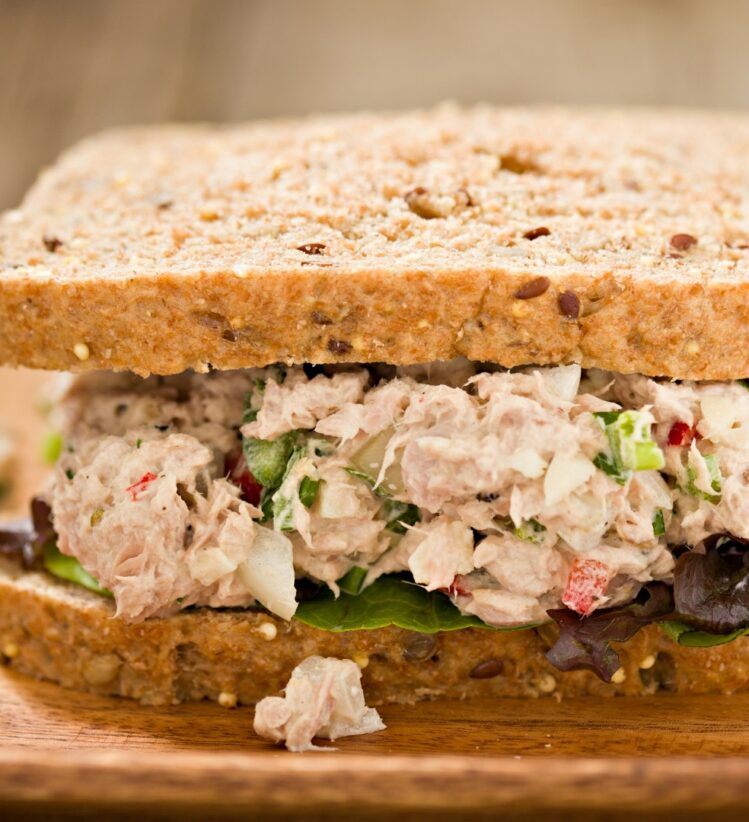 tuna toasty on wooden plate