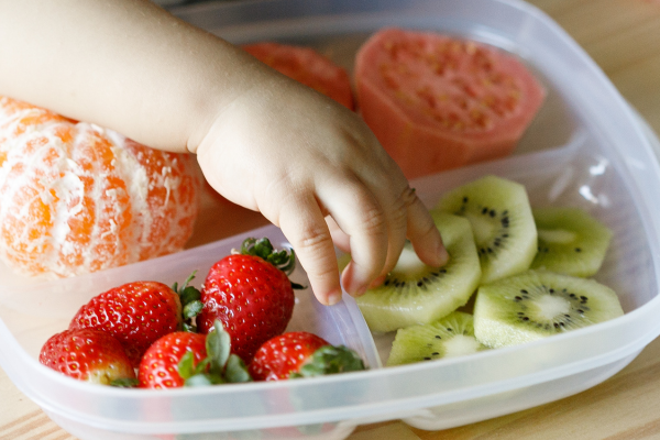 Baby hand reaching for kiwi fruit in a lunchbox with other fruit and veg