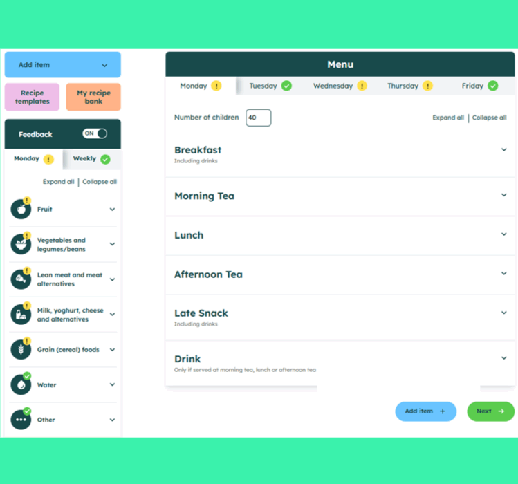 Screenshot of long day care menu assessment screen.